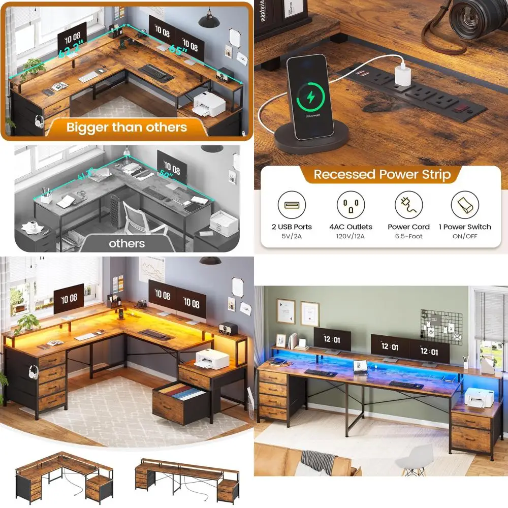 6ft L-Shaped Office Desk with Cable Management, 108 Dual Desk, Monitor Stand, Power Outlet, LED Gaming Desk, Rustic Brown