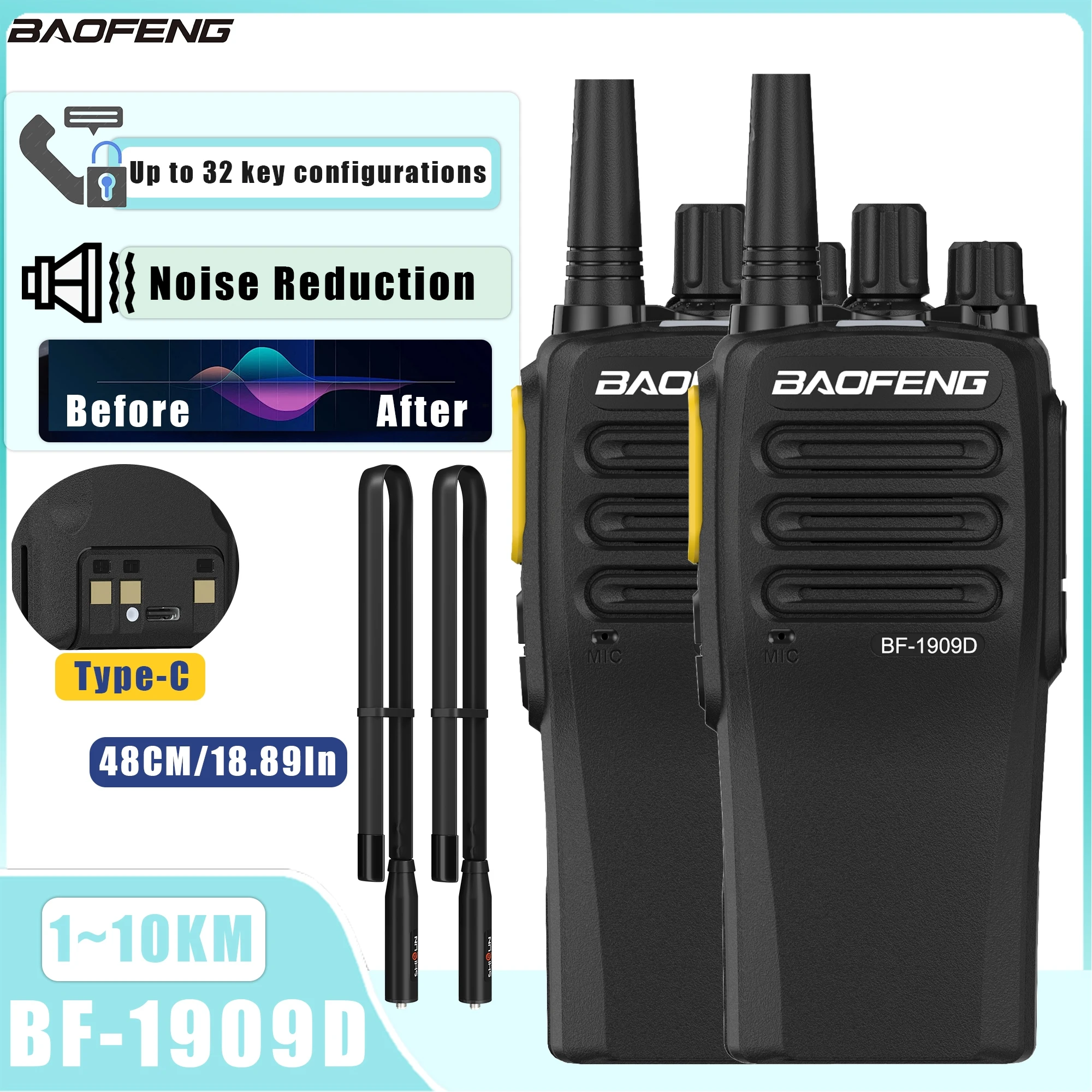 BF-1909D Baofeng Walkie Talkie Intelligent Noise Reduction UHF Two Way Radio Encryption 10KM Long Range USB BF-1909 Transceiver