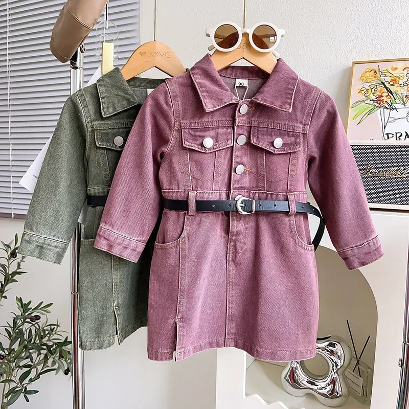 

Girls Dresses Retro Wash Denim One-Piece Fashion New Turn-down Collar Long Sleeve Female Dress A-line with Belt Girls Clothes