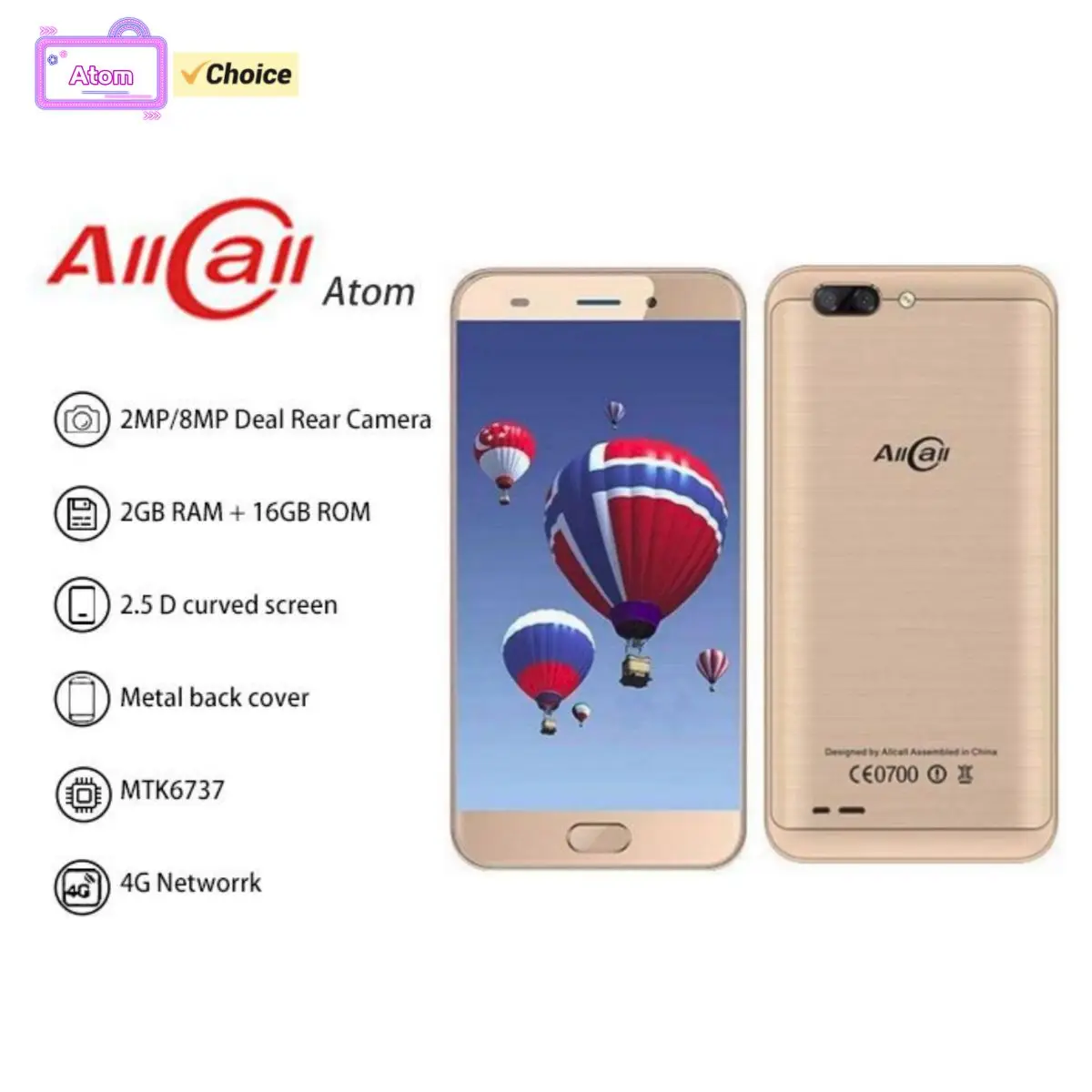 Teléfono Móvil AllCall Atom 4G, Pantalla de 5.2 Pulgadas, MTK Quad Core, 2GB de RAM, 16GB de ROM, 8MP, LTE, Doble SIM, 2100mAh, Android