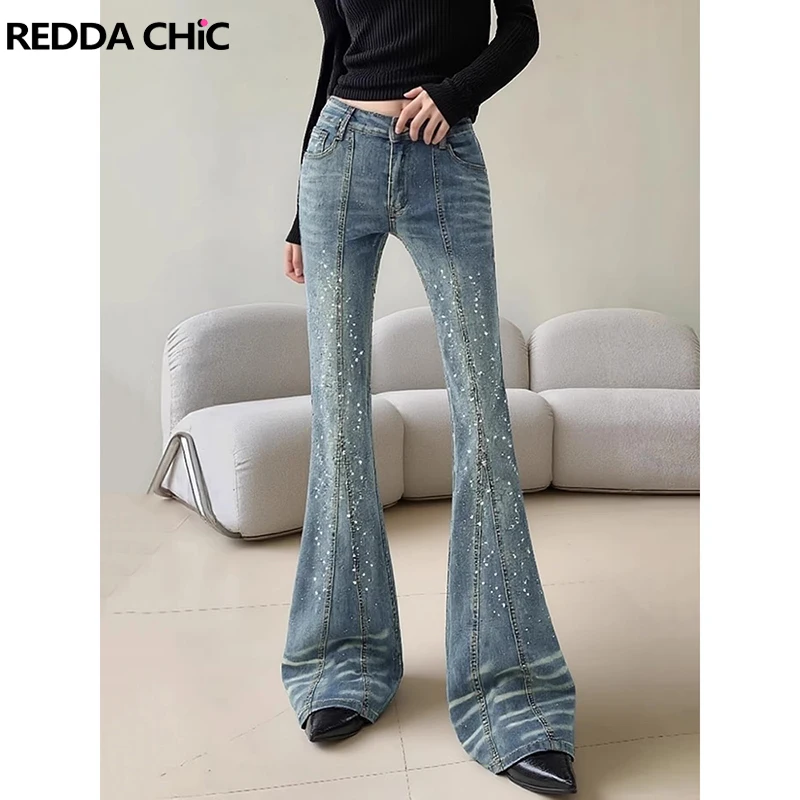 ReddaChic Women Rhinestone Patchwork Flare Jeans Vintage Distressed Slim Fit High Rise Bell Bottoms Going Out Y2K Streetwear