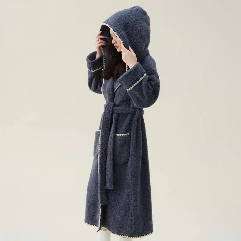 Women Extra Long Warm Flannel Hooded Bathrobe Female 2024 Winter New Coral Fleece Bath Robe Cozy Dressing Gown Spa Sleepwear