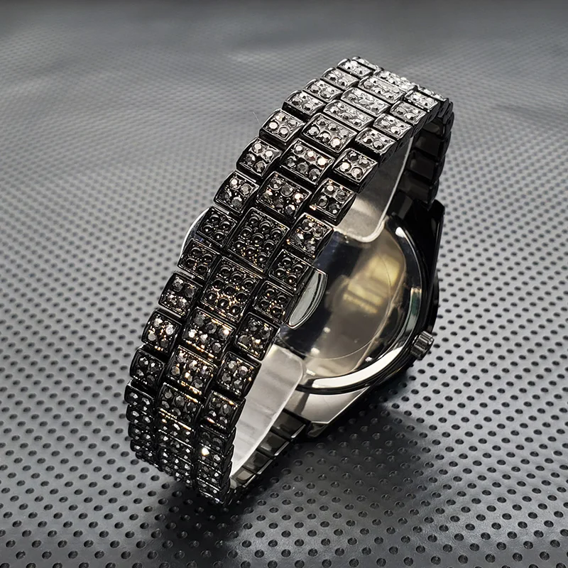 Elegante preto crytal relógio para homem único cheio pavimentado diamante relógio de quartzo marca superior moda bling gelo para fora masculino hip hop relógio