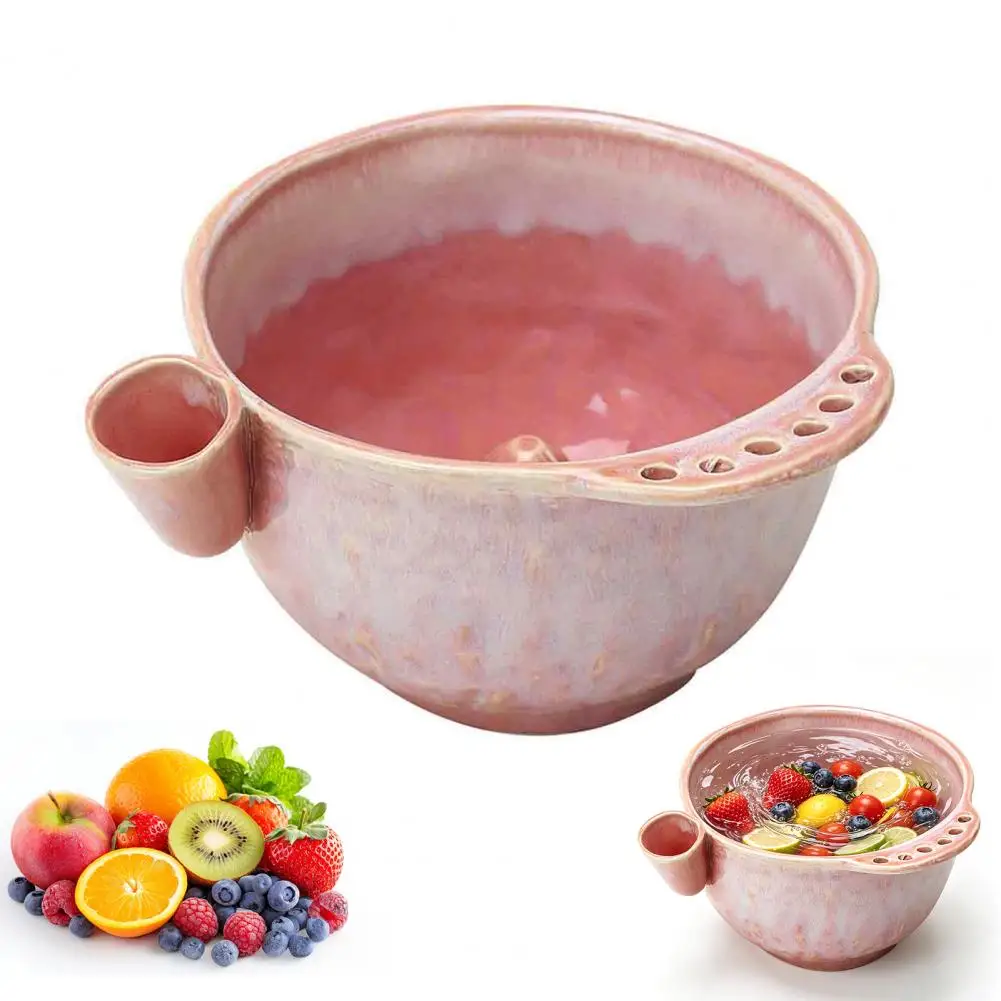 Quick Drain Fruit Bowl Ceramic Berry Washing Bowl with Handle Drain Holes Stoneware Fruit Rinse Colander Self-rinsing Kitchen