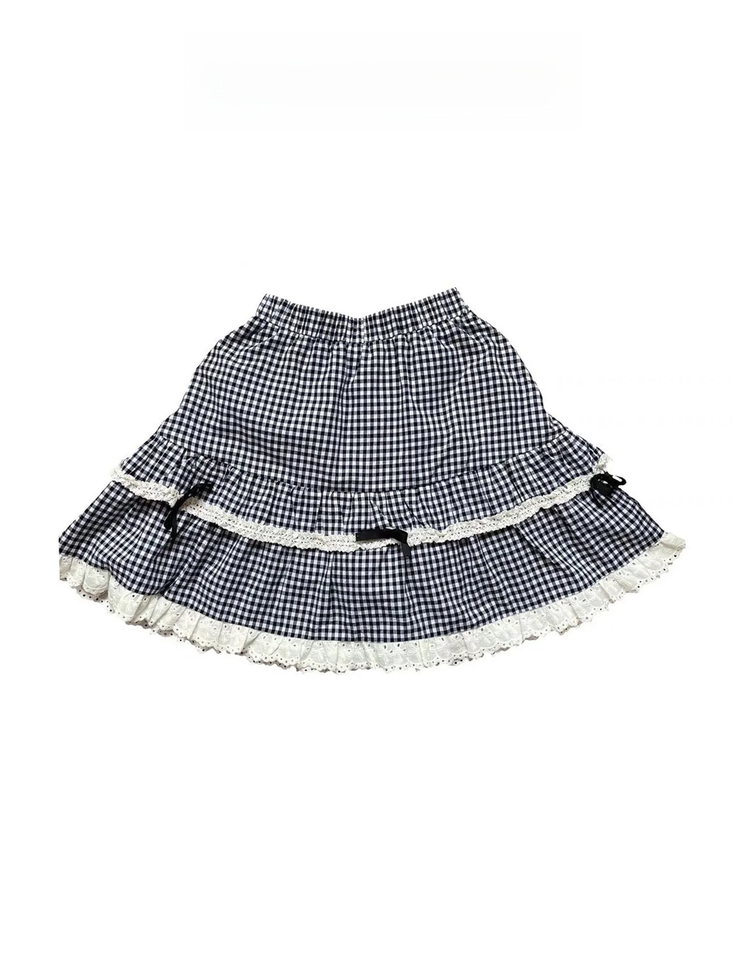 

Корейская юбка А-силуэта с высокой талией и кружевной отделкой, летняя юбка-торт в клетку, юбка для милых девушек