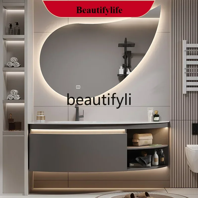 

ss25 Light luxury rock slab hot bending integrated basin arc bathroom cabinet combination special-shaped side grid sink cabinet