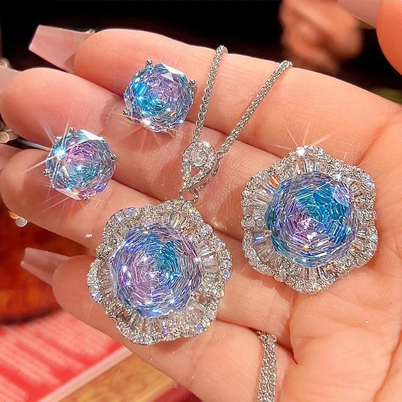 

New Rose Cut Pendant Necklace Ring Earrings Jewelry Set Sparkling Graduated Color Fashion Accessories Women Jewelry