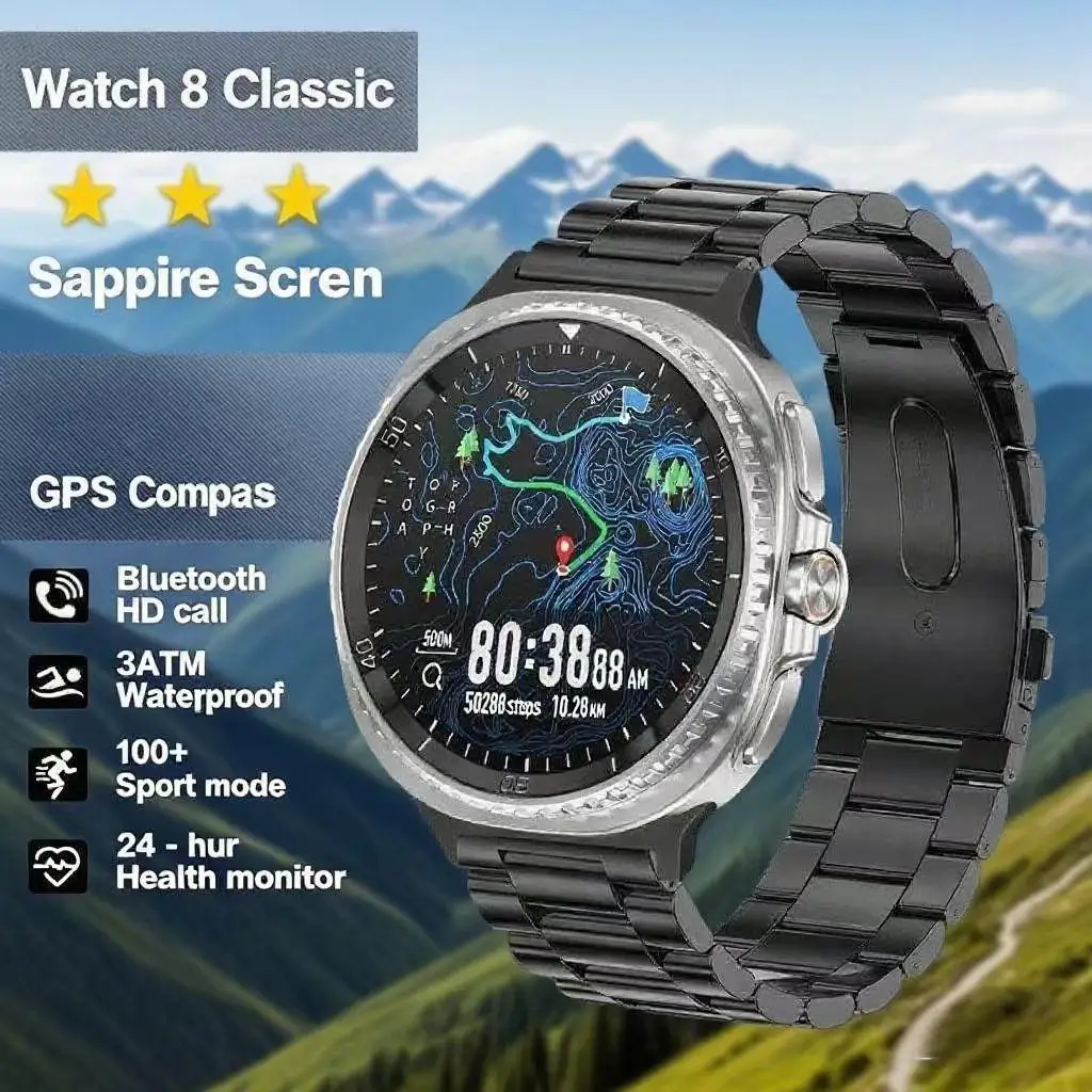 

Часы 8 Ultra Classic GPS Компас NFC SmartWatch 46 мм LTE Спортивная версия BT Call 3ATM Водонепроницаемые AMOLED Мужские умные часы Новый 2025
