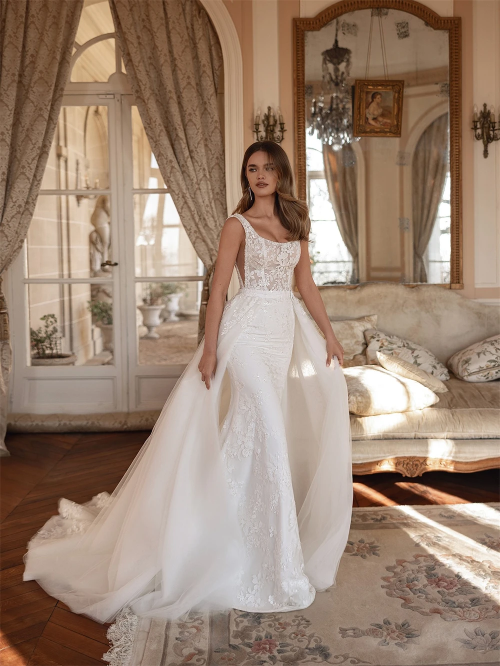 

Customized Elegant White Organza Wedding Dress Formal Scoop Sleeveless Bridal Gowns Sexy Straight Court Train Vestido De Novia