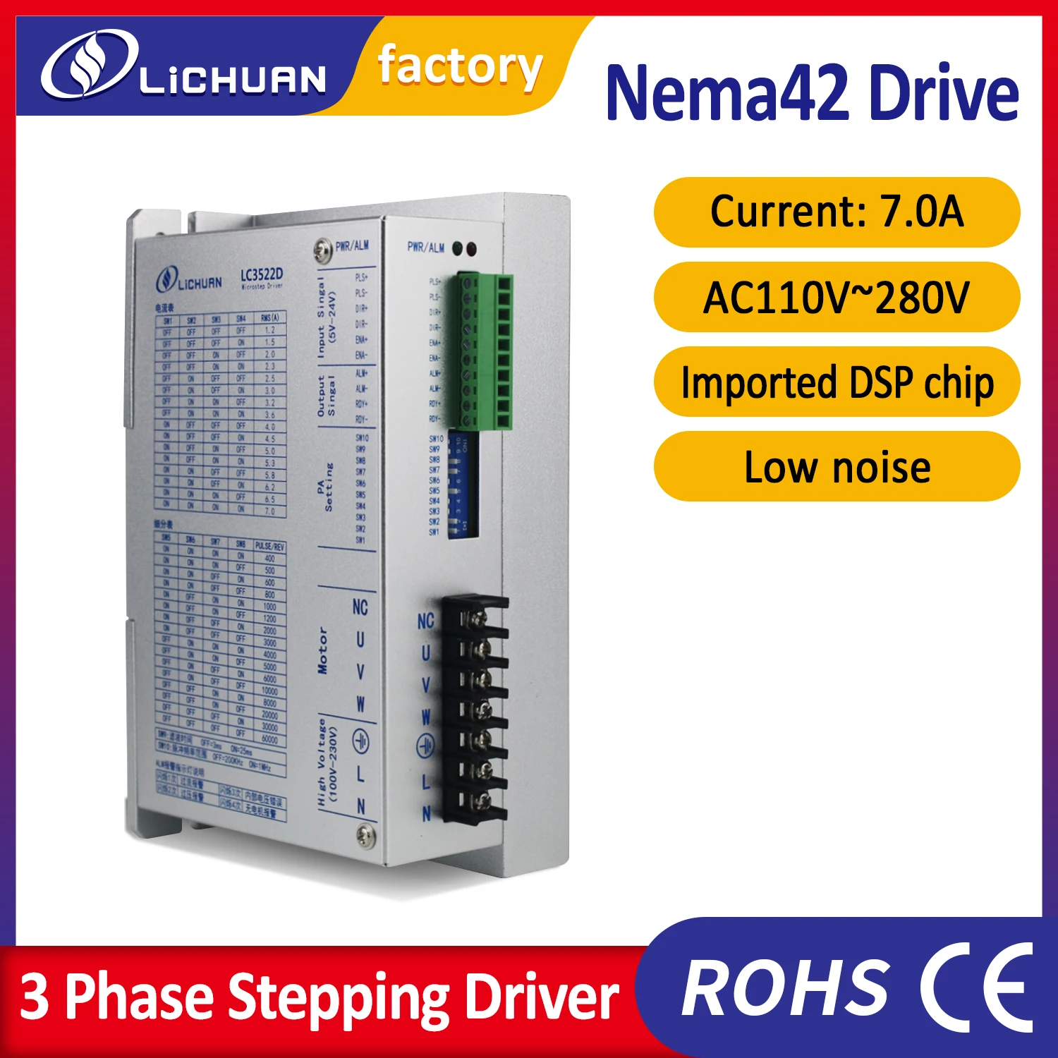 

Lichuan 3phase AC220V Stepper Driver LC3522D 7.2A Fit Nema34 Nema42 220V step motor driver controller for CNC milling
