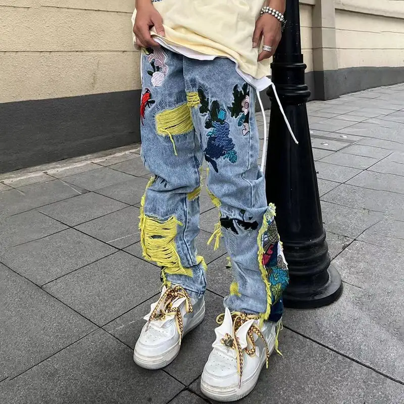 MWJLPWQ Hiphop Y2k American Street Heavy Stickerei Distressed Jeans Herren Unisex 2025, neue gebürstete Loch-Nissed-Langhose 12529