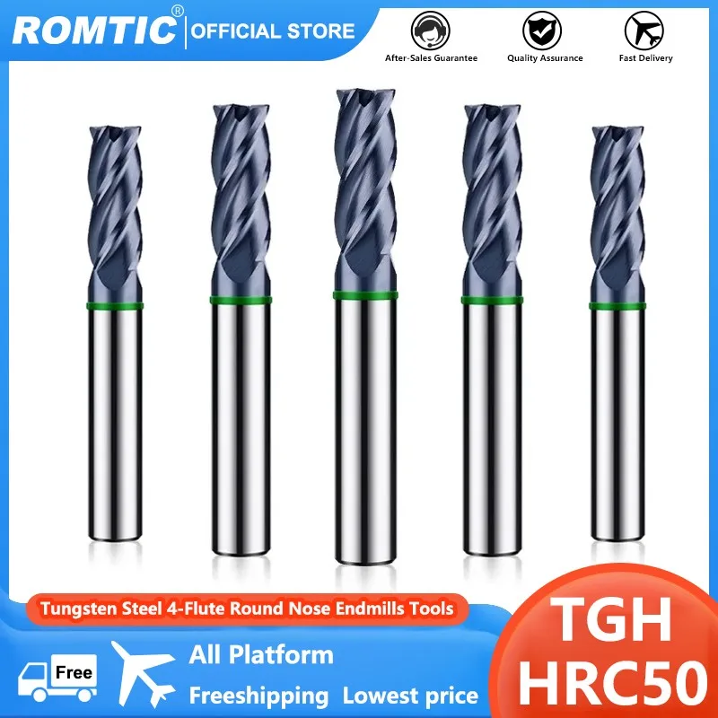 

ROMTIC TGH-HRC50 Tungsten Steel Carbide For Steel Milling Cutter 4F Color-Ring Coating CNC Mechanical Round Nose Endmills Tools