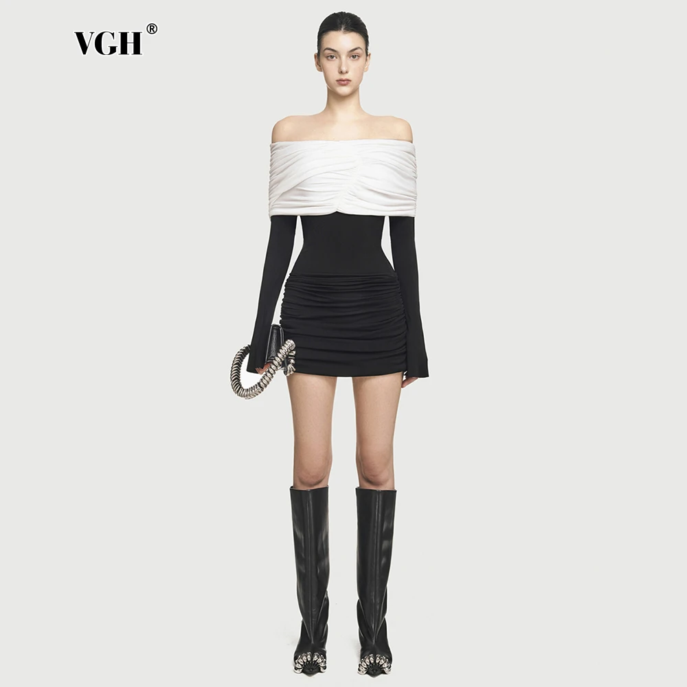 

VGH Sexy Off Shoulder Backless Women Dresses Slash Neck Long Sleeve High Waist Temperament Slimming Folds Mini Dress Female New