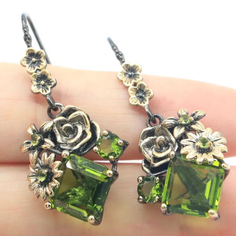 

Buy 3 Get 1 Free 45x21mm Neo-Gothic 9.8g Green Peridot Multi Color Rhodolite Garnet Aquamarine Black Gold Silver Earrings