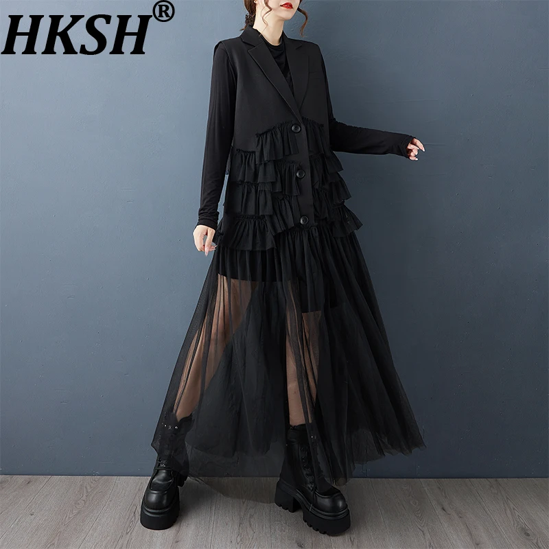 

HKSH весна осень новый женский длинный жилет однобортный пиджак без рукавов платье лоскутное плиссированное прозрачное сетчатое элегантное HK13619