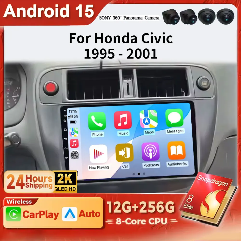 Android 15 For Honda Civic 1996 1997 1998 1999 2000 2001 2K QLED Qualcomm Car Radio Multimedia Video Player 4G BT Stereo CarPlay
