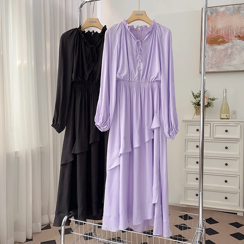 Romantico abito MICOAT puro originale lungo Sve V-Ne con dettaglio bottoni e lanterna Sve a vita alta A-Line Dr per l'autunno