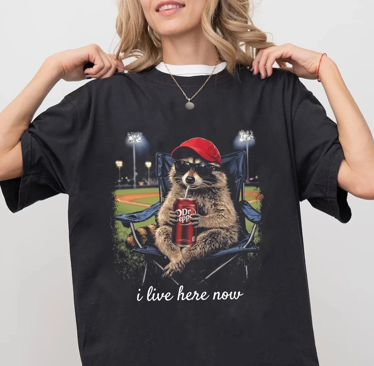 Raccoons Drinking I live Here Now T-Shirt Funny Meme Genz Dank Shirt Summer unisex Loose and Breathable cotton T-shirt Top