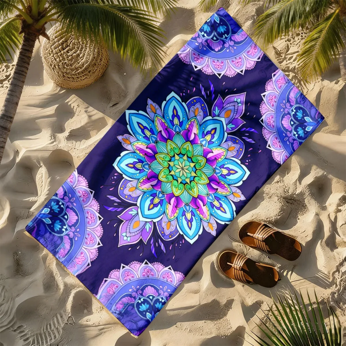 Purple Mandala Flower Theme polyester microfiber beach towel is highly absorbent, suitable for swimming and beach outings
