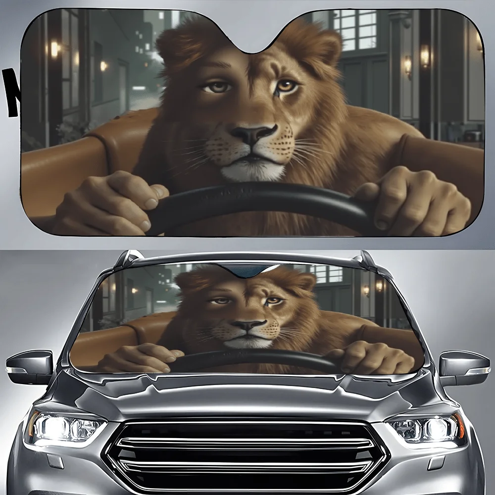 Lion Driving A Car With A Full Moon In The Background Car Auto Sunshades Car Sunshade, Front Window Sun Cover For Car, Auto Suns