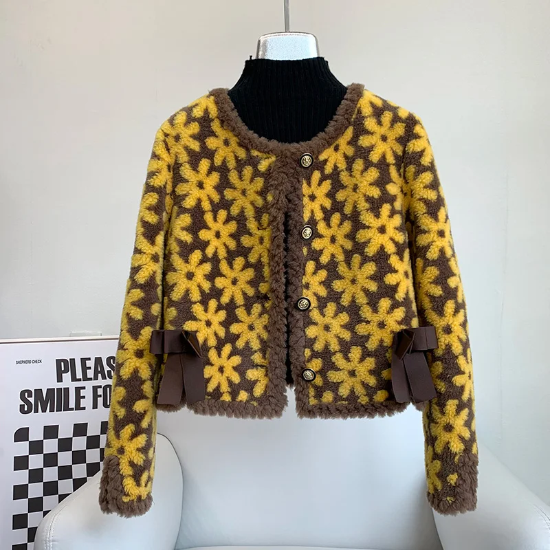 Lady Girl Lamb Wool Fur Warm Short Coats Female Sheep Shearling Floral Pattern Winter Jacket Overcoat JT3274