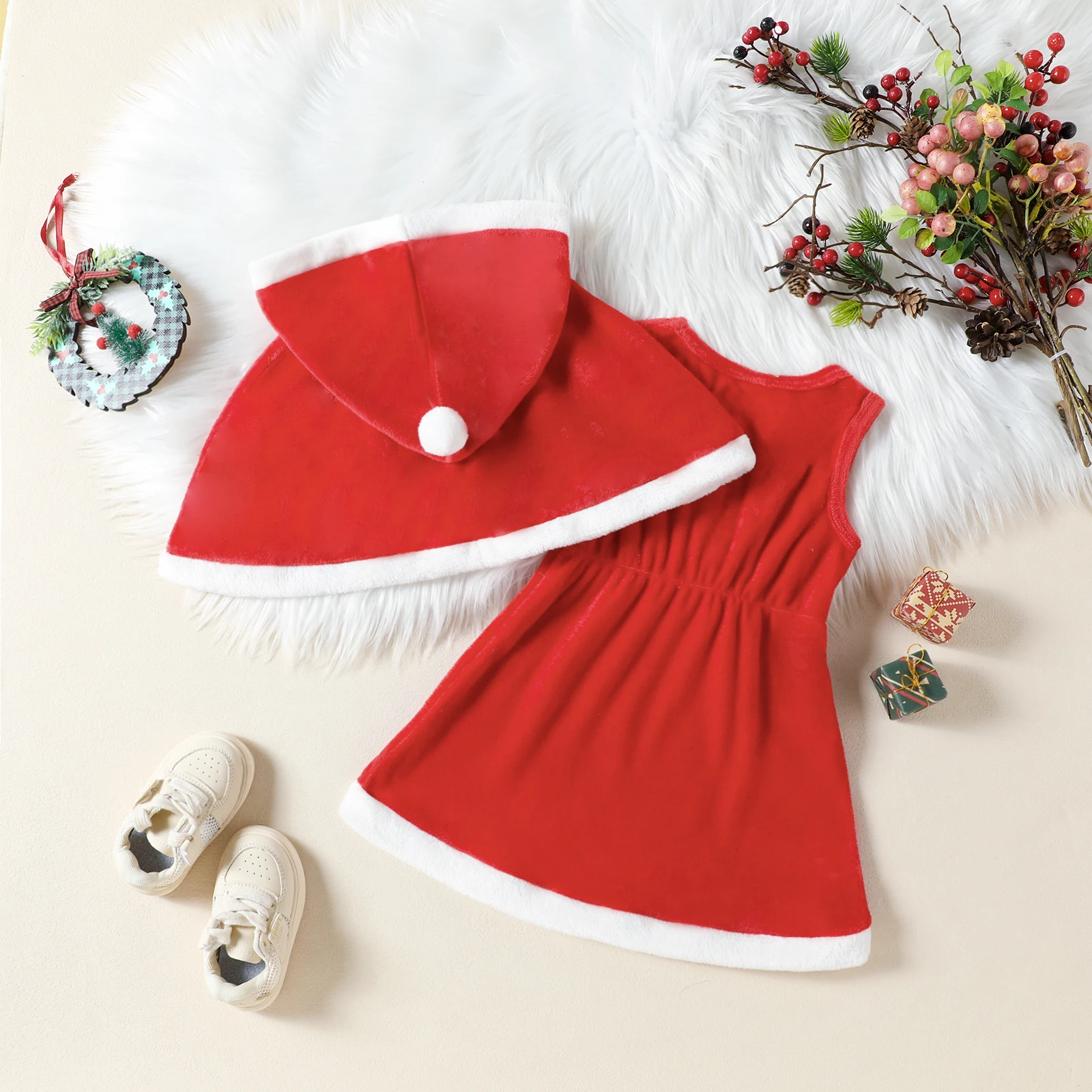 Baby Girl Christmas Day Set Fashionable Warm Velvet Sleeveless Dress with Hooded Cloak Two Piece Set