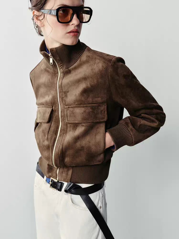 Fashionable Velvet Texture Stand Collar Jacket Women's Short Outerwear Commute Style Polyester Fiber Long Sleeve Zipper Closure