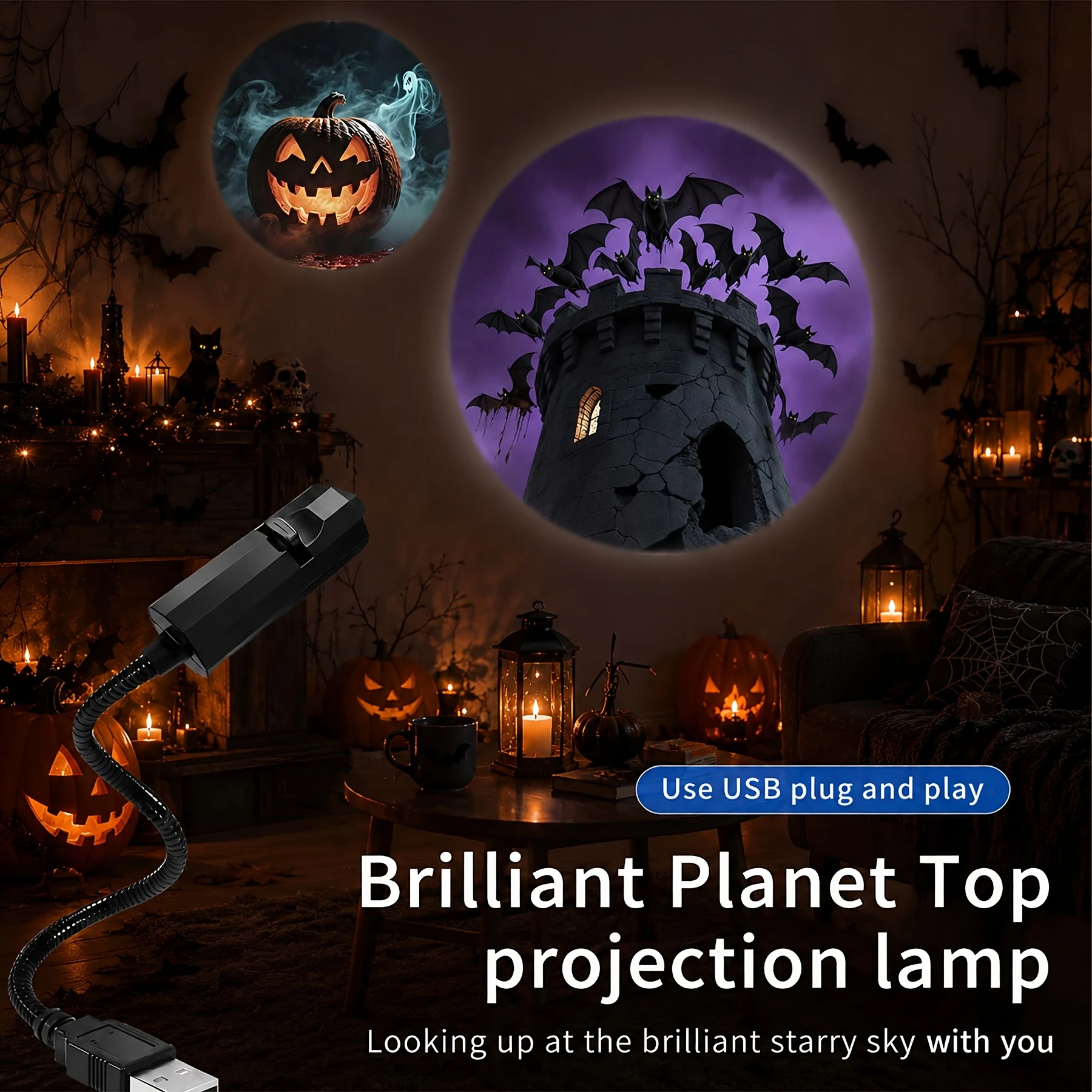 Skull head lamp projection lamp, 360° rotatable adjustable night light, popular element decoration, Halloween atmosphere lamp