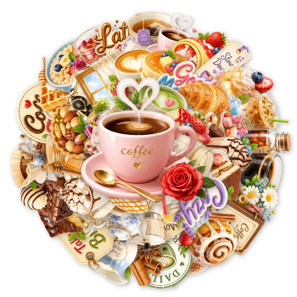 50Pcs Afternoon Tea Stickers, Coffee Bread Dessert PET Waterproof Decals for Kuka Notebook DIY Aesthetic Giajar Sticker Store