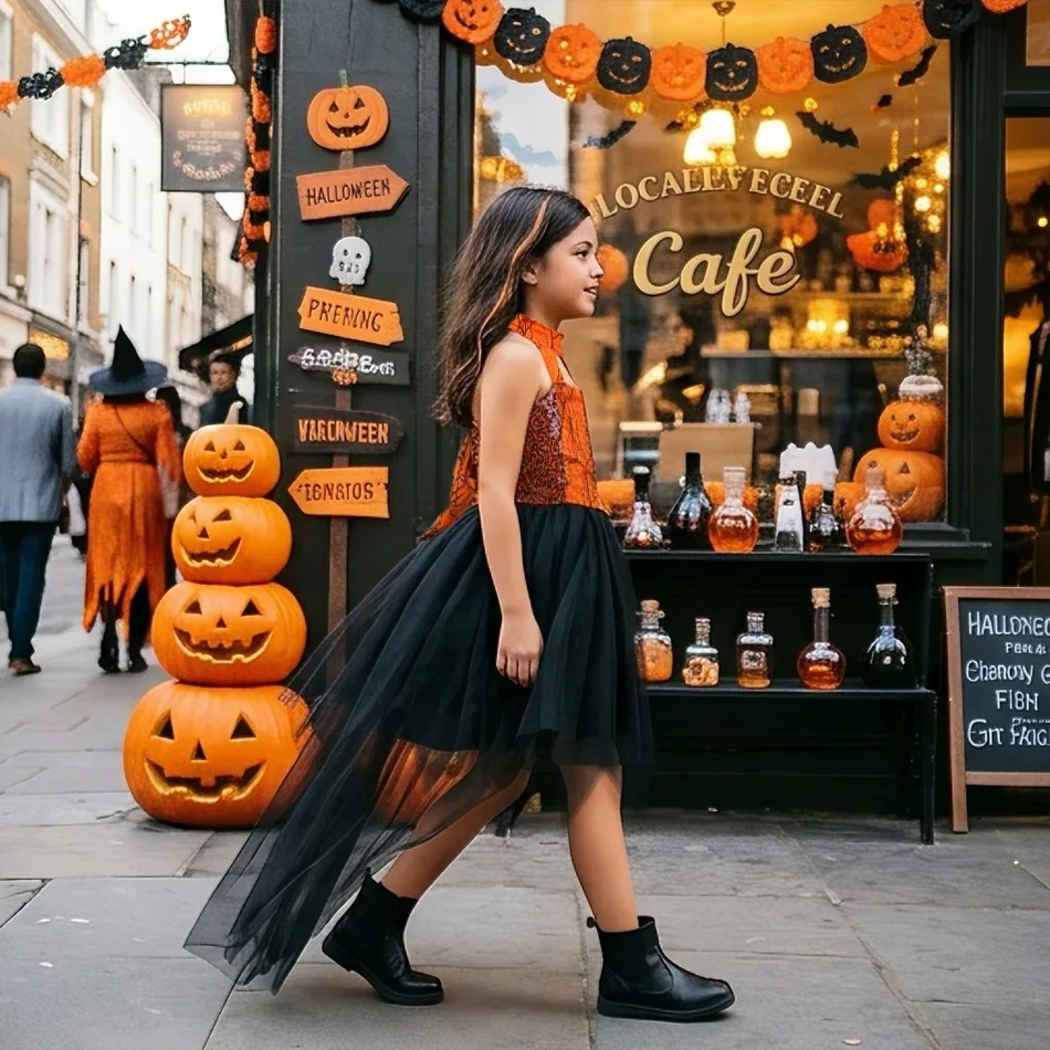 Girls Halloween Witch Train Dress Halter Neck Spider Web Tulle Dress Kid Black Orange Contrast Cosplay Party Fancy Costume ASQ03