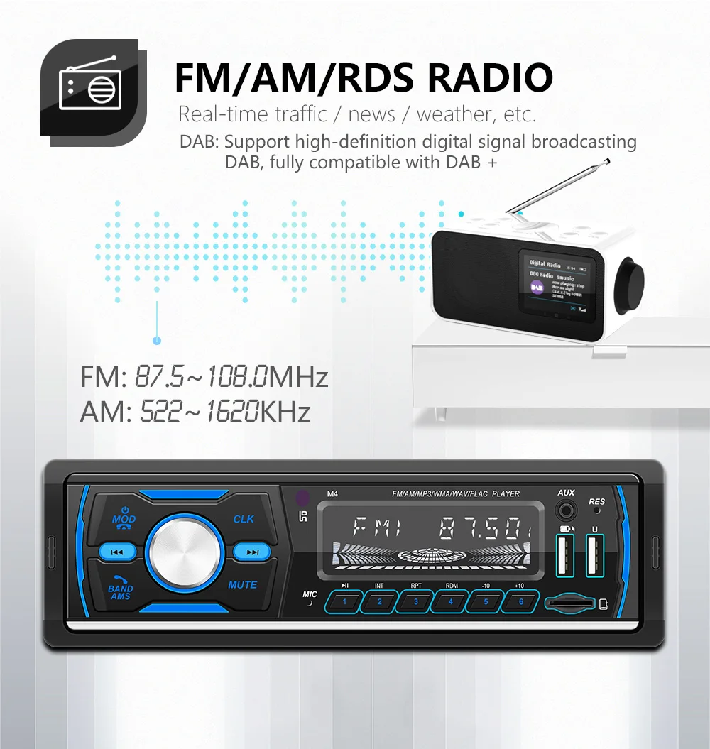 ESSGOO وحدة رأس ستيريو للسيارة مع DAB + مدمج AM FM RDS USB AUX-in SD بلوتوث واحد 1 DIN مشغل MP3 عن بعد #6