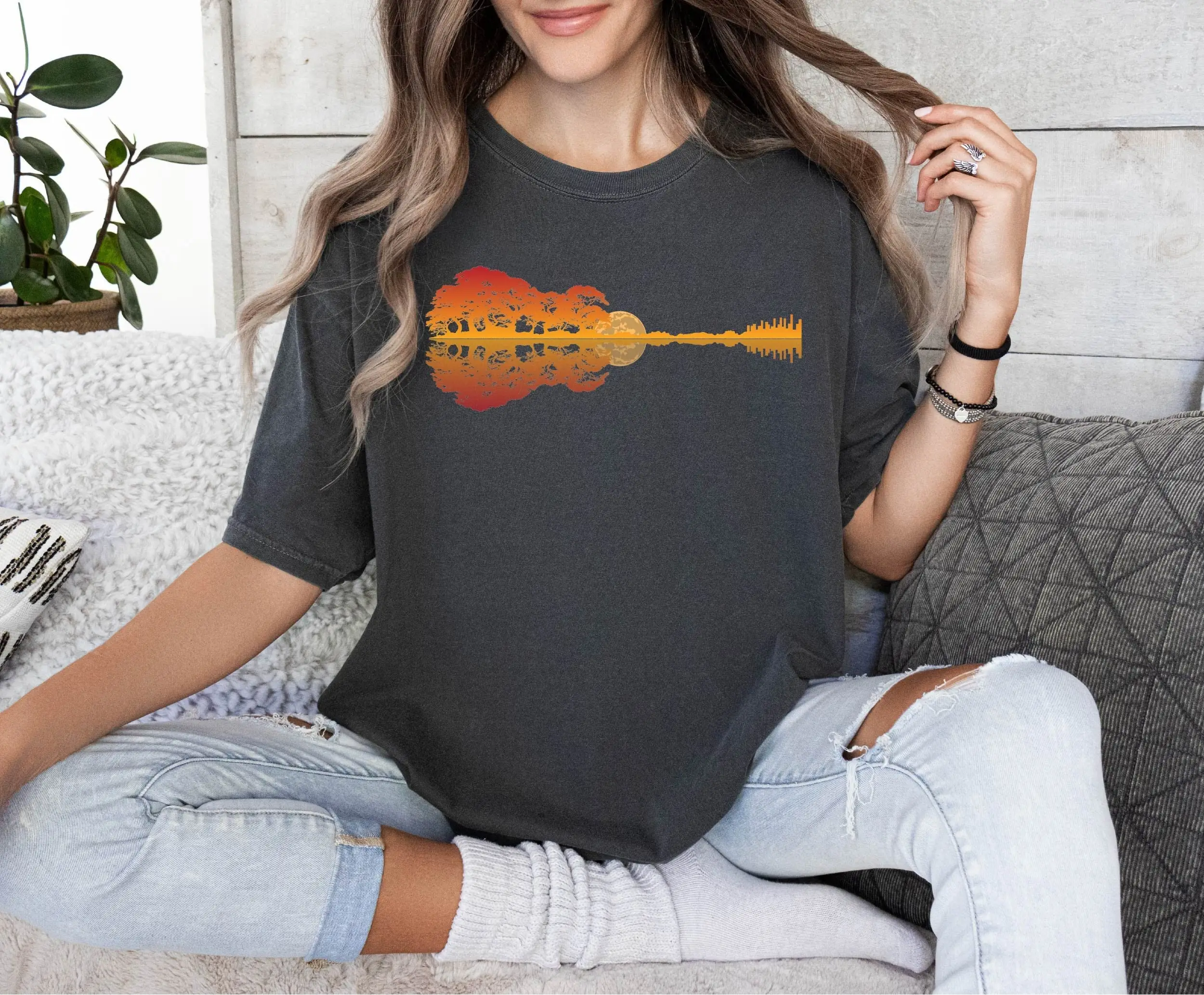 Nature Guitar T Shirt Tree ForesT Country Music Lover Sunset