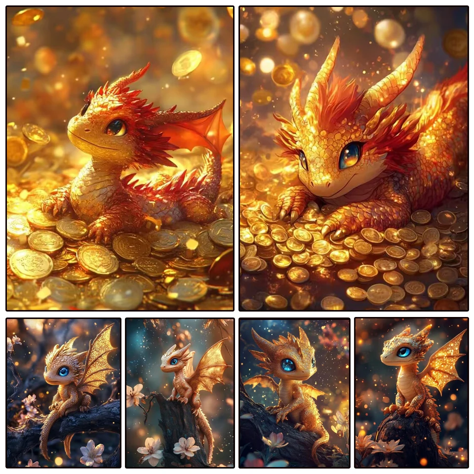 DIY Elmas Boyama Kiti Çapraz karikatür Altın Ejderha Bebek altın sikke Nakış Elmas Mozaik Ev Dekor Yeni yıl Noel Hediyesi