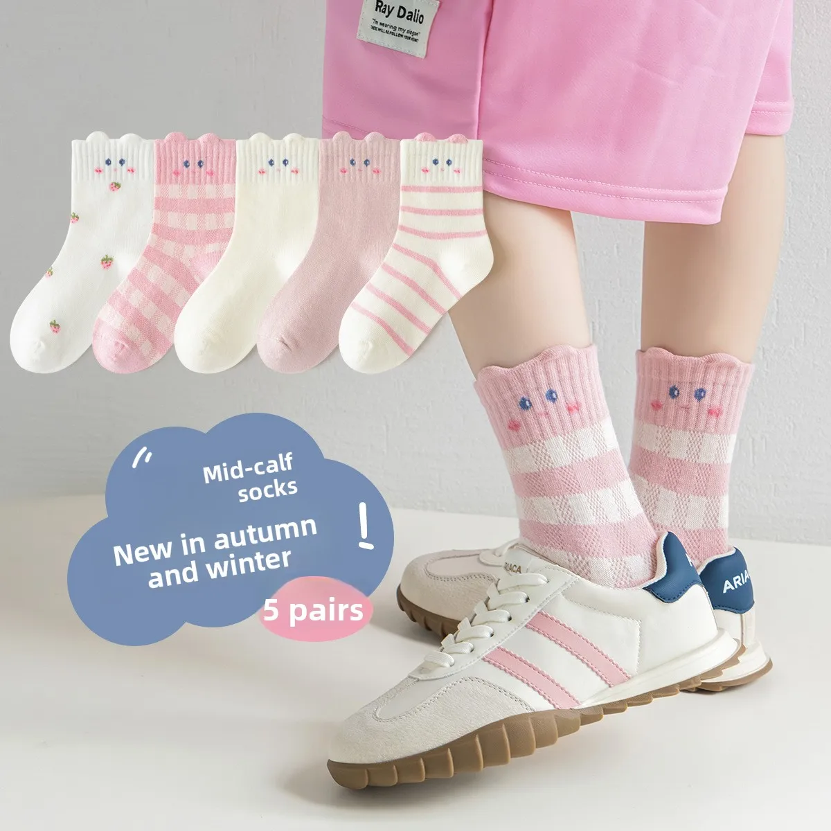 

5 Pairs Winter Kids Cotton Cartoon Cute Mid Crew Socks Pink Lovely 3D Girl Socks for Autumn Spring Girls