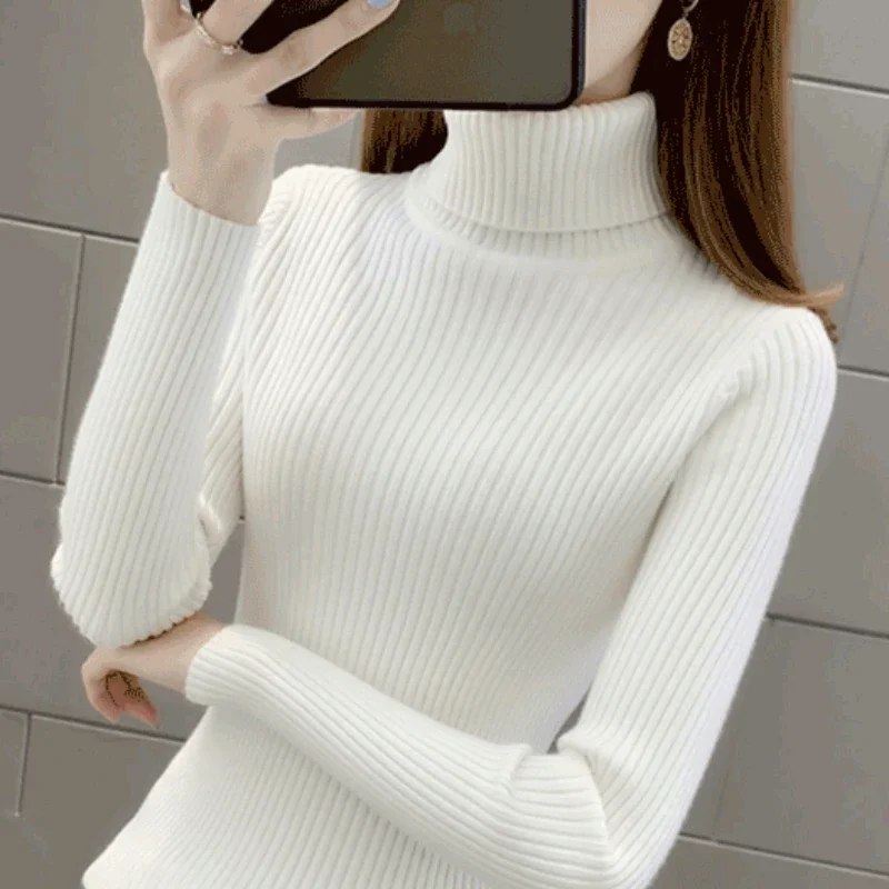 Knit Tops for Woman Turtleneck Women\'s Sweater Black Gigh Neck Jerseys Pullover White Clothes Cold Winter in Promotion Clothing