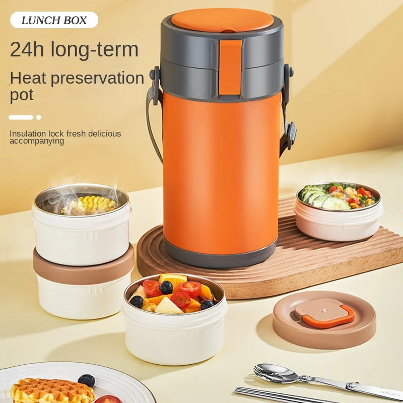Large Capacity 304 Stainless Steel Vacuum Pot Dual Tier Insulated Lunch Box for Office & Students Multi-Layer Bucket