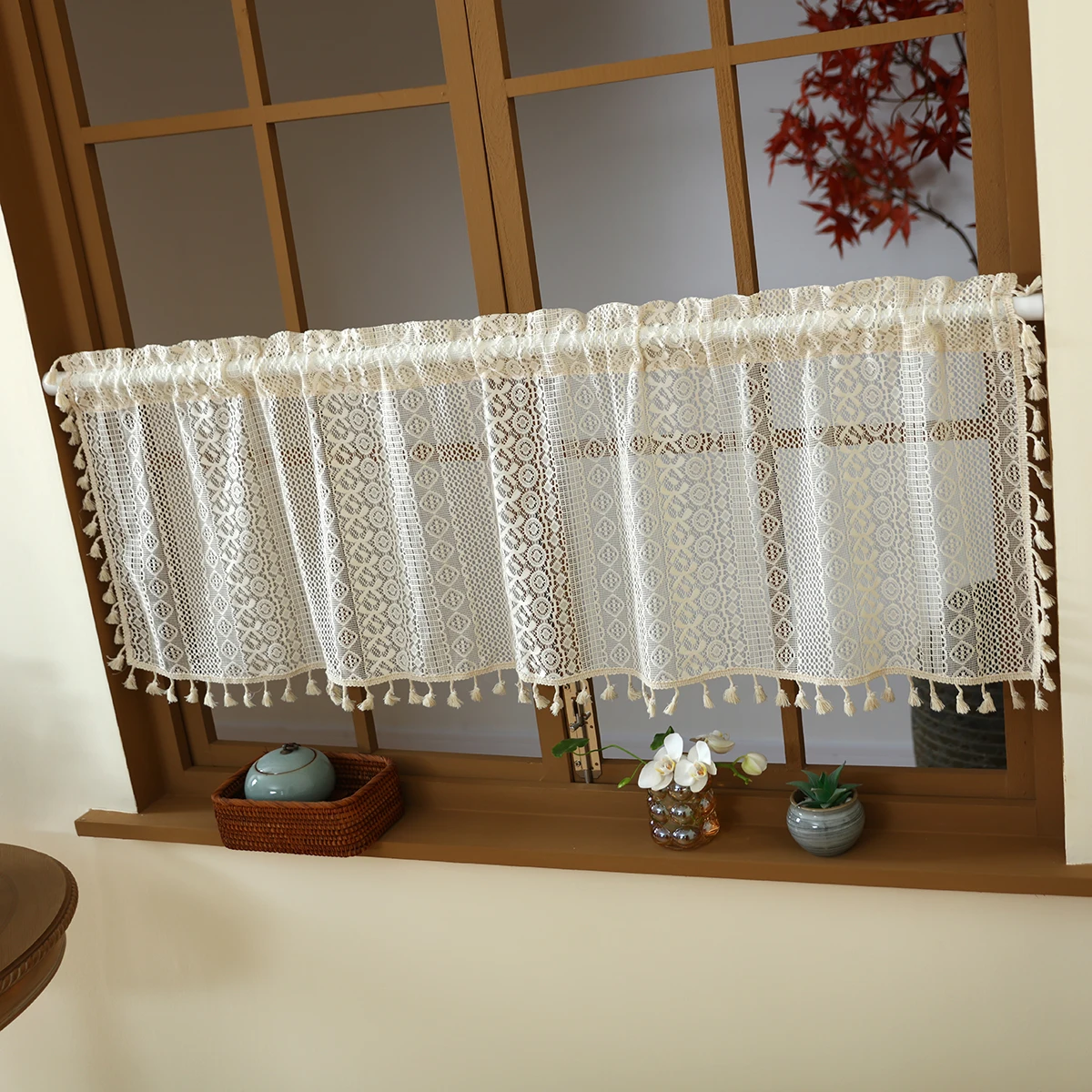 Tenda corta in tessuto poliestere beige da 1 pezzo, tasca per asta, semitende in stile boho giapponese, utilizzata per decorazioni per finestre,