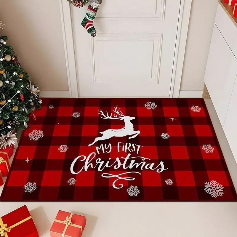 VIKAMA Rustic Farmhouse Christmas Door Mat Red Black Check Reindeer Print Anti Slip Rug For Entryway Indoor Outdoor Xmas Decor