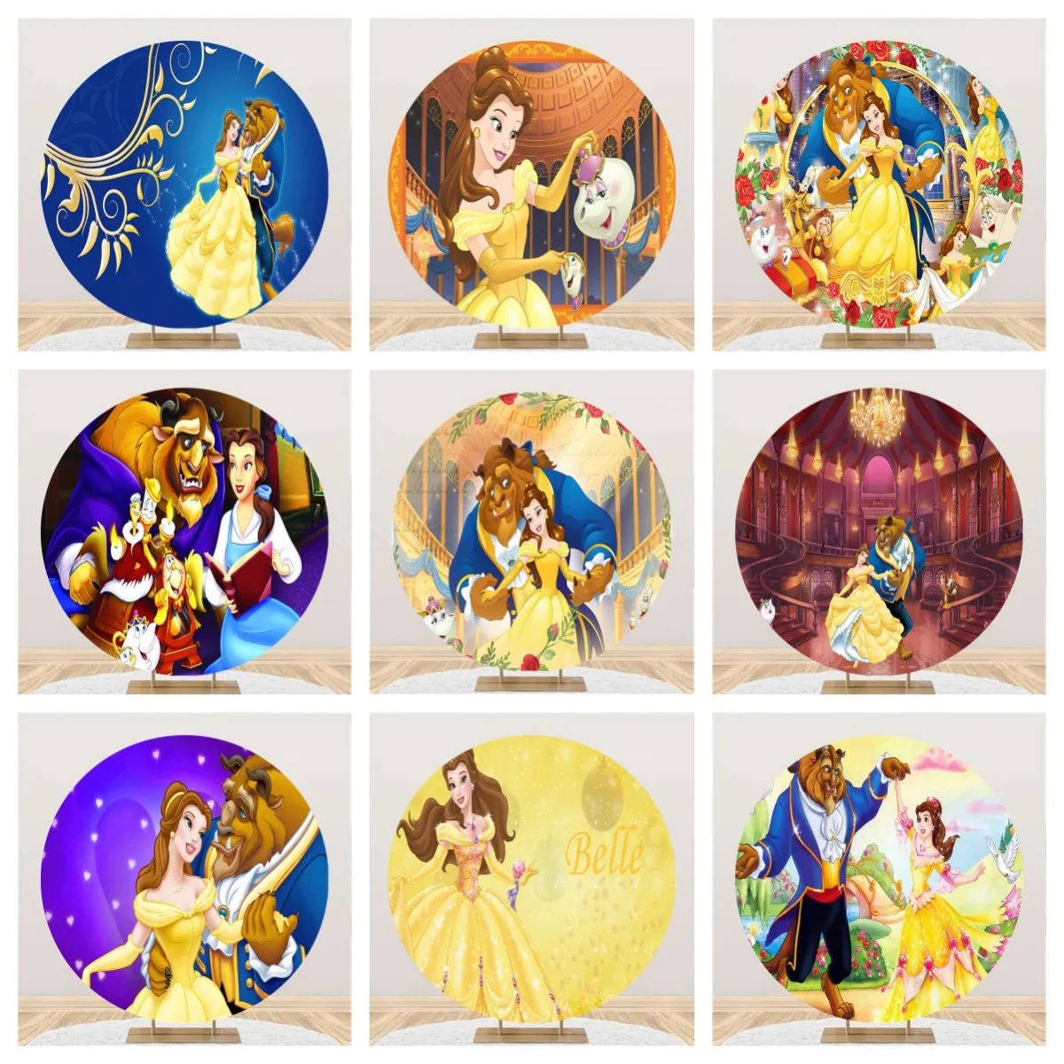 Princess Beauty and the Beast Belle Theme Girls 1st Birthday Background Deco Disney Round Circle Magic Party Backdrop