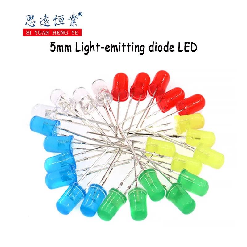 100PCS 5mm LED round head bulb F5 red, green, yellow, blue and white through-hole experimental lamp beads
