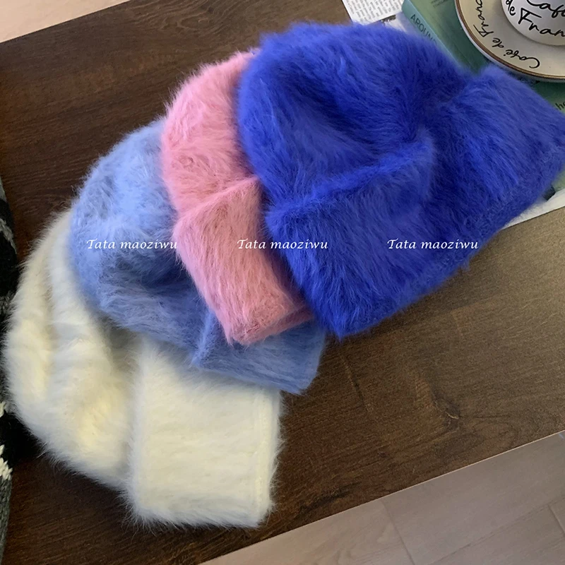 2023 Angora Fluffy Knitted Beanie Rabbit Fur Winter Hat for Women Ladies Fashion  Warm Plush Skull Women's Thick Fleece Hats