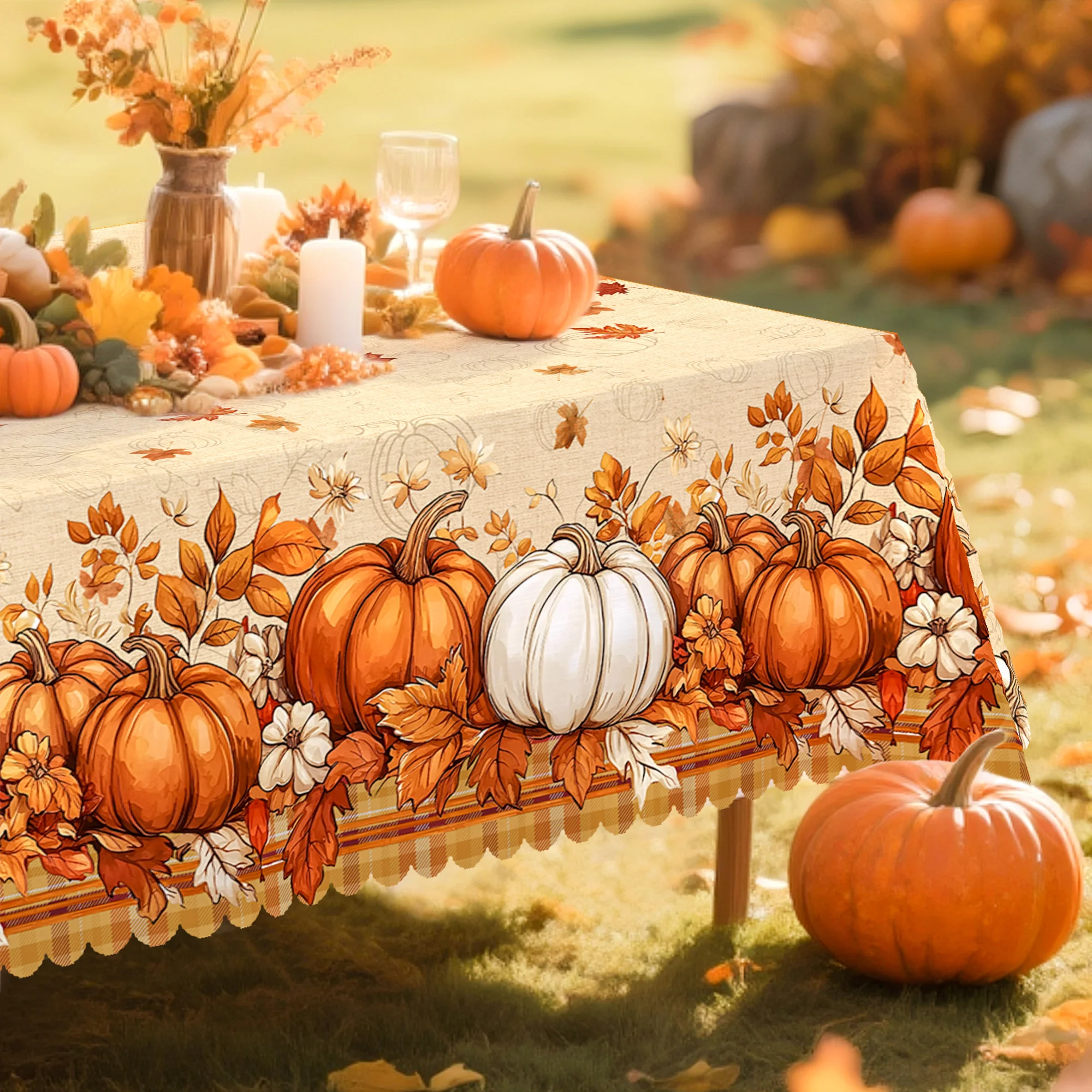 Autumn Farmhouse Tablecloth, Beige & Orange Decor, Pumpkin & Autumn Leaf Patterns, Contemporary & Vintage Style, Available in Round, Rectangle, Oval Shapes, Suitable for Restaurant, Party, Family Dinner, Festival, Outdoor, Picnic