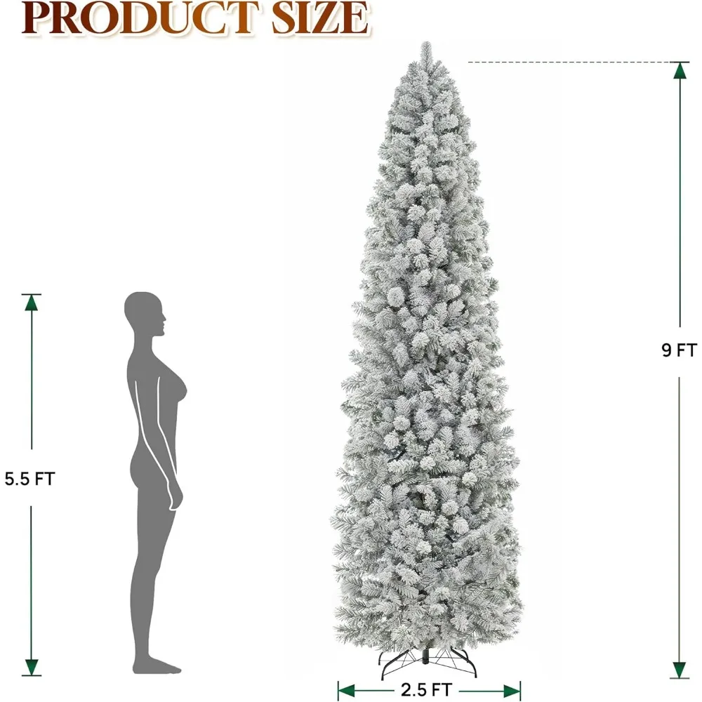Star 9 Foot Flocked Pre-lit Christmas Tree with 546 LED Lights, App-Controlled Skinny Pencil Artificial Christmas Tree, Multi-Co