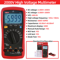 UNI-T UT892 Digital Multimeter 2000V High Voltage Detector AC DC Voltmeter Capacitance Resistance NCV LIVE Diode VFC Tester