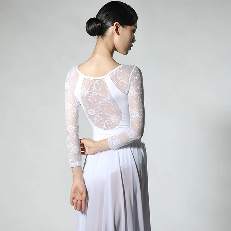 Body per balletto a maniche lunghe per le donne abbigliamento da ballo elegante grande scollo a v in pizzo per adulti Ballerina vestiti Performance body Costume