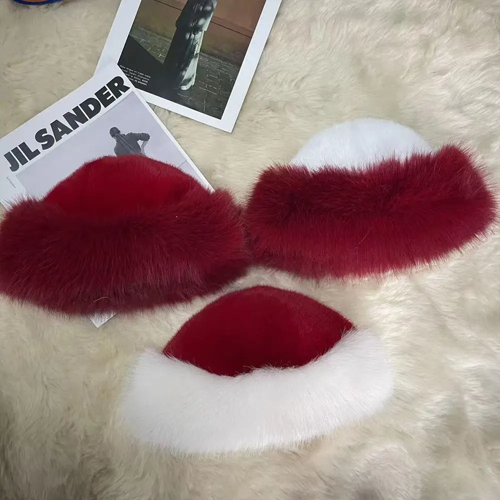 Cappelli a secchiello in pelliccia soffice rossa natalizia Cappello invernale in peluche spesso da donna Protezione per le orecchie Berretti da pescatore in pelliccia Berretti Panama caldi antivento