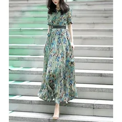 2024 Summer new Women's Elegant Spliced Printed V-Neck short Sleeve Sashes Fashion Slim Chic All-match Vacation Long dress