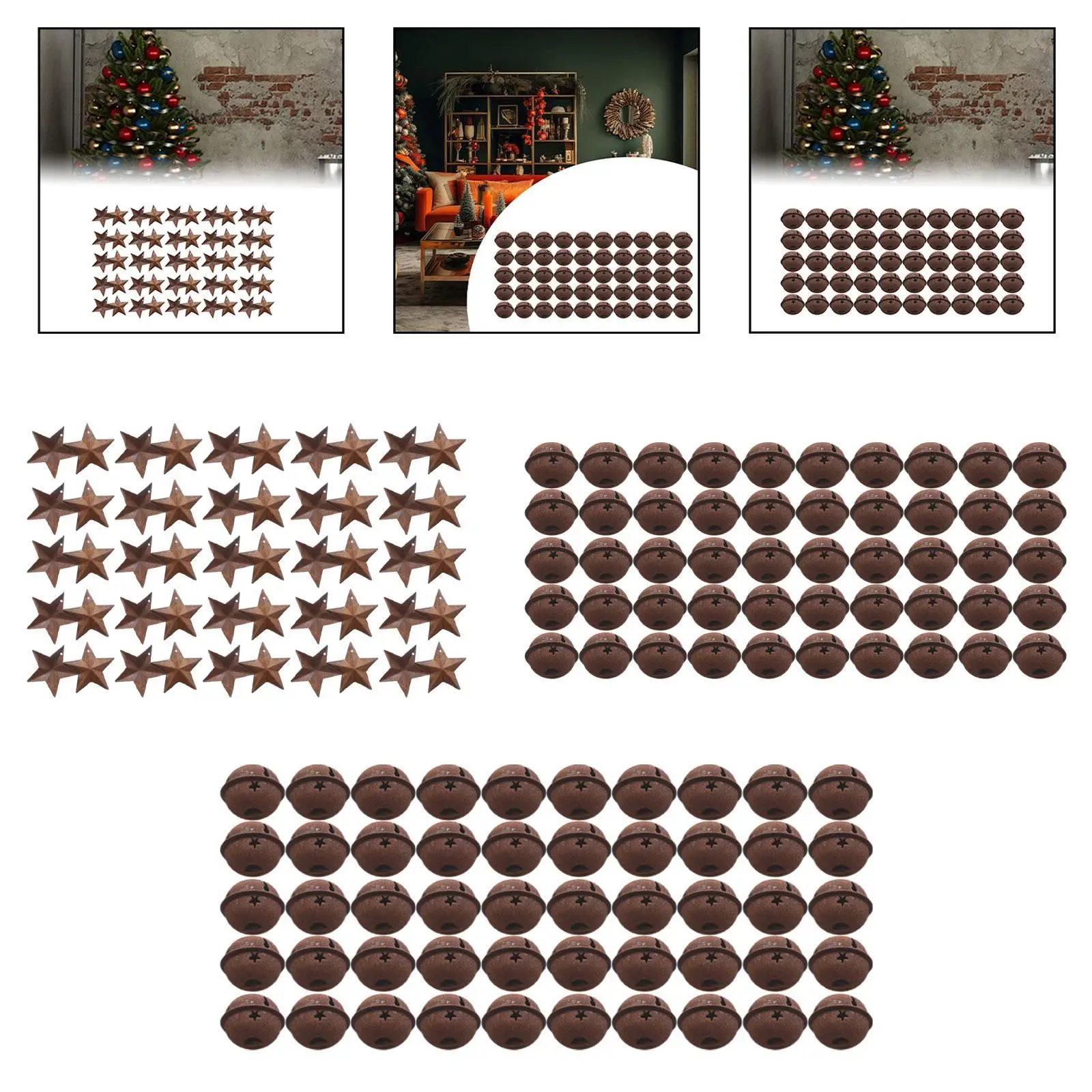 50 Pieces Rusty Star and Bell with Hole for Indoor Outdoor Farmhouse Party