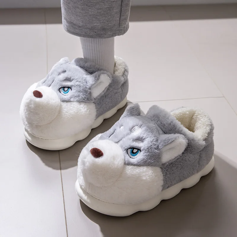 

2024 Autumn/Winter Cute Big Eyes Cotton Slippers Plus Fleece Warm Indoor Home Thick Sole Non-slip Couple High Top Cotton Shoes
