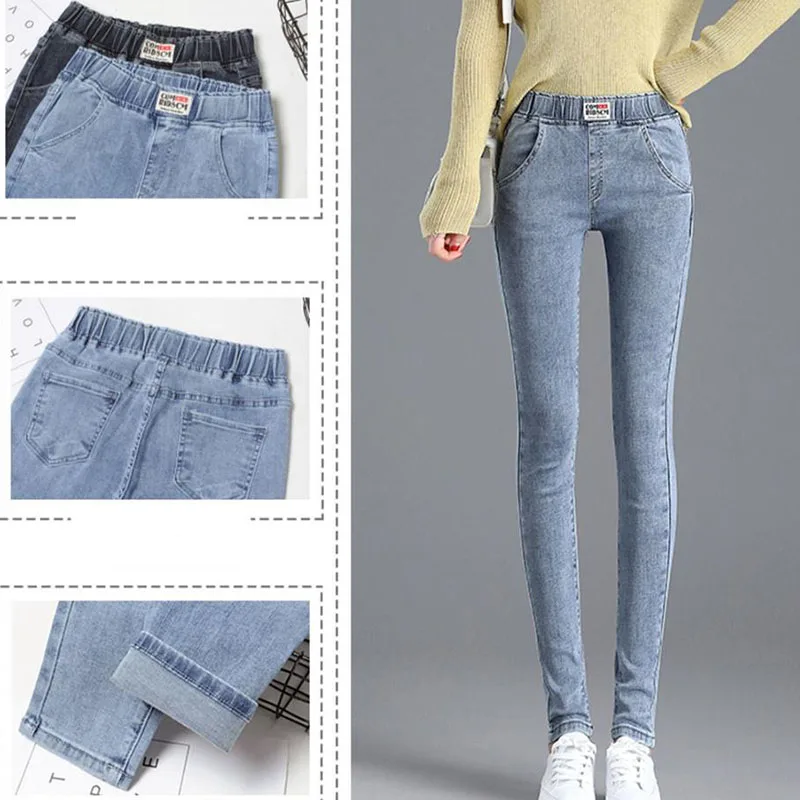 Winter warme dünne Bleistift Jeans Frauen Vintage elastische hohe Taille Samt gefüttert Jeans hose koreanische solide verdicken Stretch Vaqueros